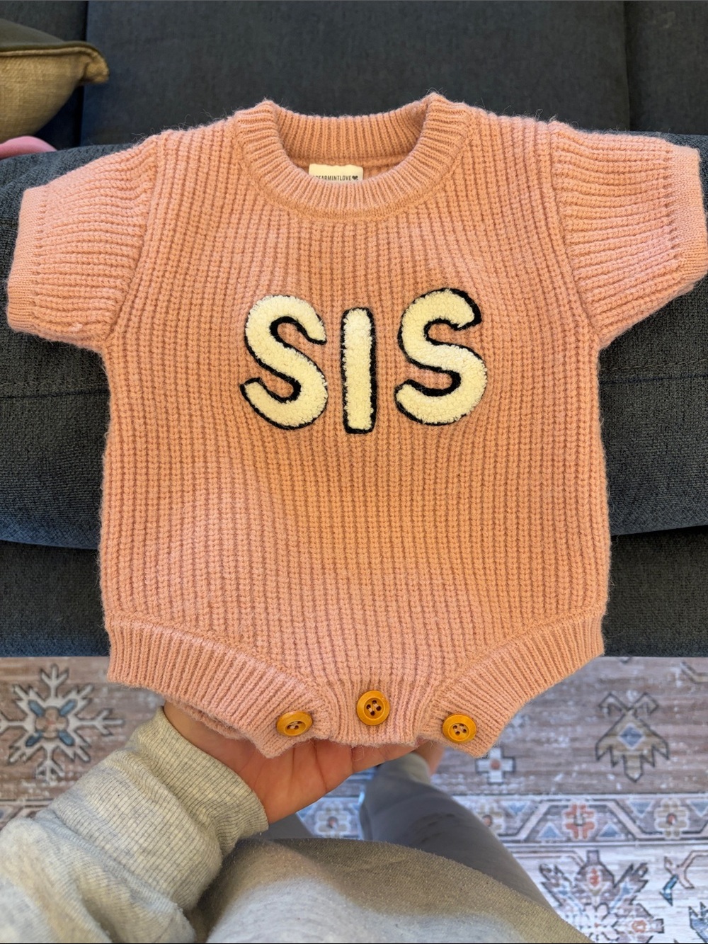 Knit 'SIS' One-Piece Bodysuit in Soft Pink